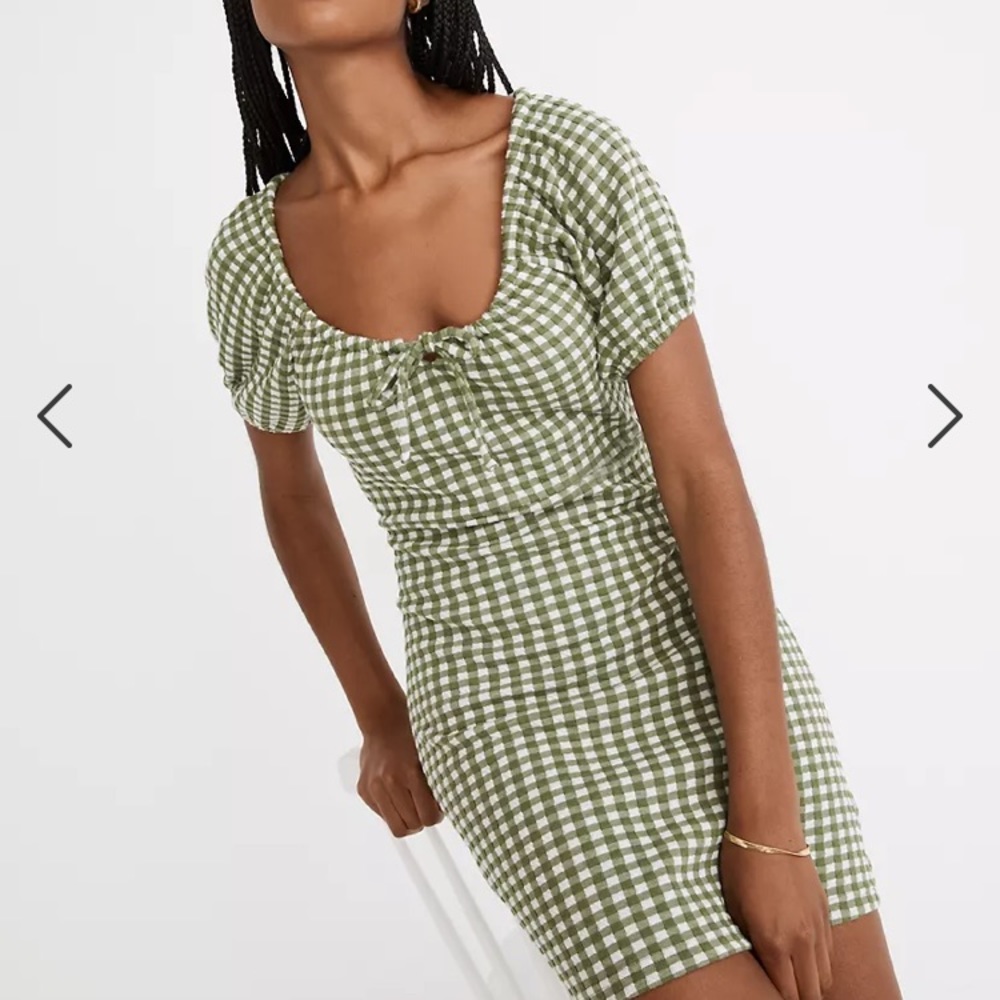 NWT Jacquard Puff-Sleeve Mini Dress in Gingham Check sz XS